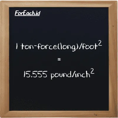 1 ton-force(long)/foot<sup>2</sup> is equivalent to 15.555 pound/inch<sup>2</sup> (1 LT f/ft<sup>2</sup> is equivalent to 15.555 psi)